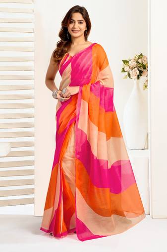 pink orange lilen print work designer party wear festive 1 minute ready to wear saree with unstitched blouse piece