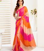 pink orange lilen print 1 minute ready to wear saree with unstitched blouse piece