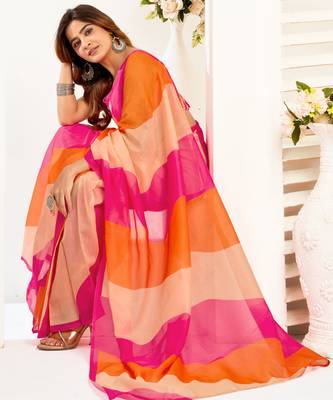 pink orange lilen print 1 minute ready to wear saree with unstitched blouse piece 2