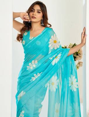 sky blue lilen print 1 minute ready to wear saree with unstitched blouse piece 1