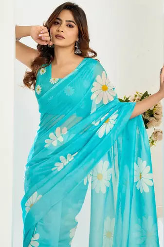 sky blue lilen print work designer party wear festive 1 minute ready to wear saree with unstitched blouse piece