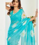 sky blue lilen print 1 minute ready to wear saree with unstitched blouse piece