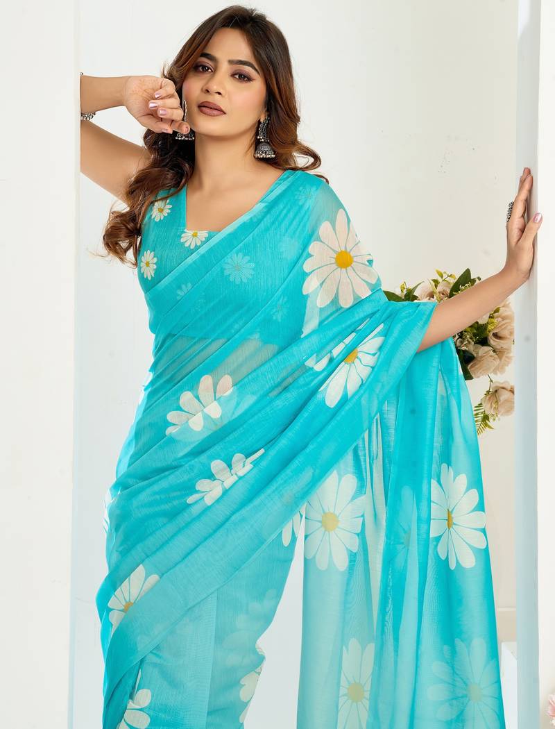 sky blue lilen print work designer party wear festive 1 minute ready to wear saree with unstitched blouse piece