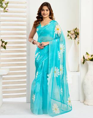 sky blue lilen print 1 minute ready to wear saree with unstitched blouse piece 2