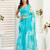 sky blue lilen print work designer party wear festive 1 minute ready to wear saree with unstitched blouse piece