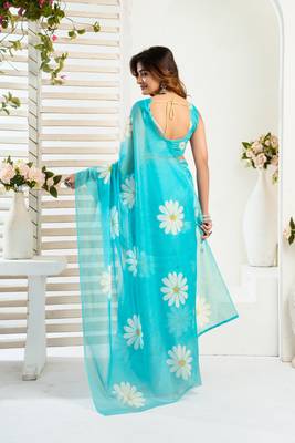 sky blue lilen print 1 minute ready to wear saree with unstitched blouse piece 3