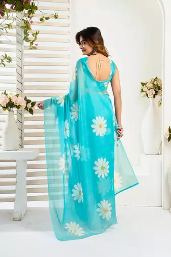 sky blue lilen print 1 minute ready to wear saree with unstitched blouse piece