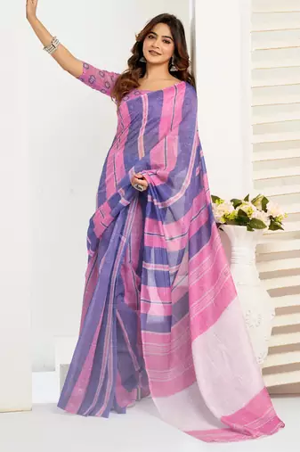 lavender pink lilen print 1 minute ready to wear saree with unstitched blouse piece