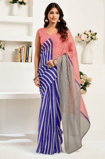 red blue lilen print 1 minute ready to wear saree with unstitched blouse piece