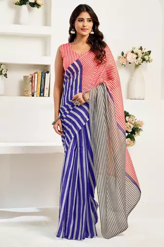 red blue lilen print work designer party wear festive 1 minute ready to wear saree with unstitched blouse piece