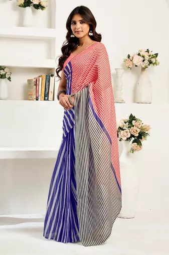 red blue lilen print 1 minute ready to wear saree with unstitched blouse piece