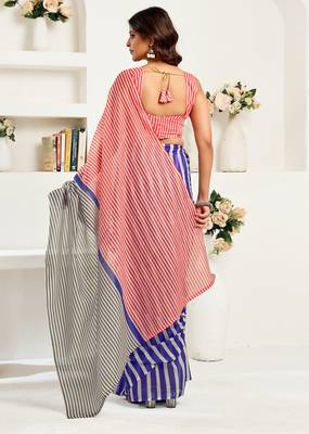 red blue lilen print 1 minute ready to wear saree with unstitched blouse piece 3