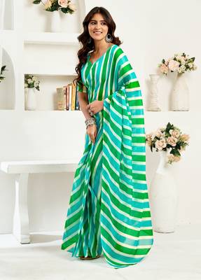 sky green lilen print 1 minute ready to wear saree with unstitched blouse piece 2
