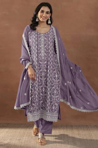 Lavender embroidered rangoli crush silk salwar suit