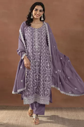 Lavender color embroideried rangoli crush silk semi stitched salwar suit