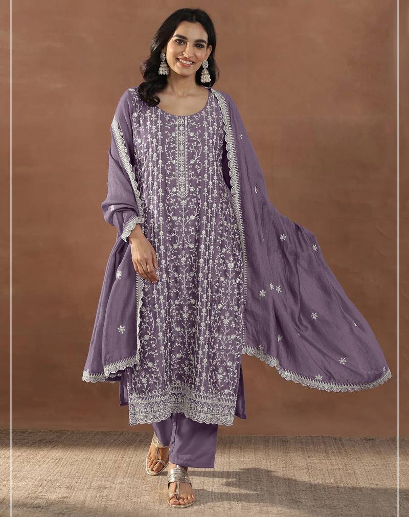 Lavender color embroideried rangoli crush silk semi stitched salwar suit