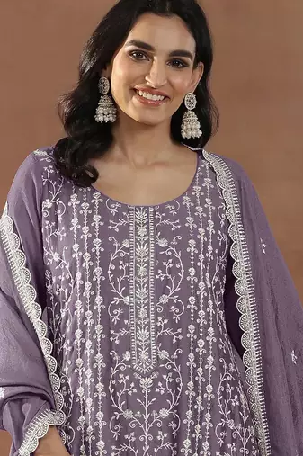 Lavender embroidered rangoli crush silk salwar suit