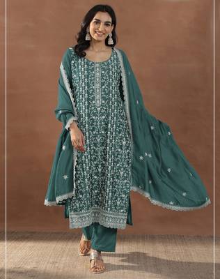 Teal embroidered rangoli crush silk salwar suit 1