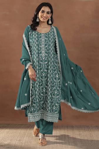 Teal embroidered rangoli crush silk salwar suit