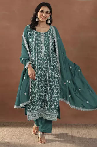 Teal color embroideried rangoli crush silk semi stitched salwar suit
