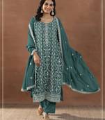 Teal color embroideried rangoli crush silk semi stitched salwar suit