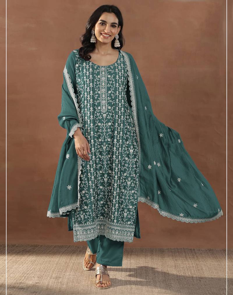 Teal color embroideried rangoli crush silk semi stitched salwar suit