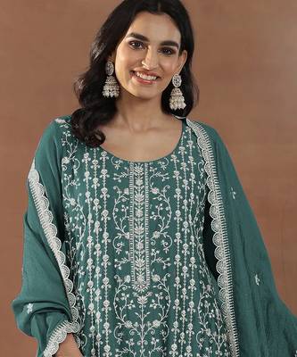 Teal embroidered rangoli crush silk salwar suit 2