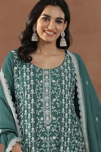Teal embroidered rangoli crush silk salwar suit