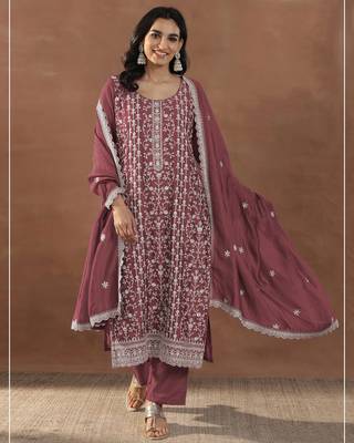 Dark peach embroidered rangoli crush silk salwar suit 1