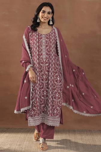 Dark peach embroidered rangoli crush silk salwar suit