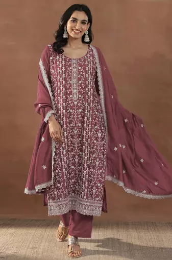 Dark peach color embroideried rangoli crush silk semi stitched salwar suit