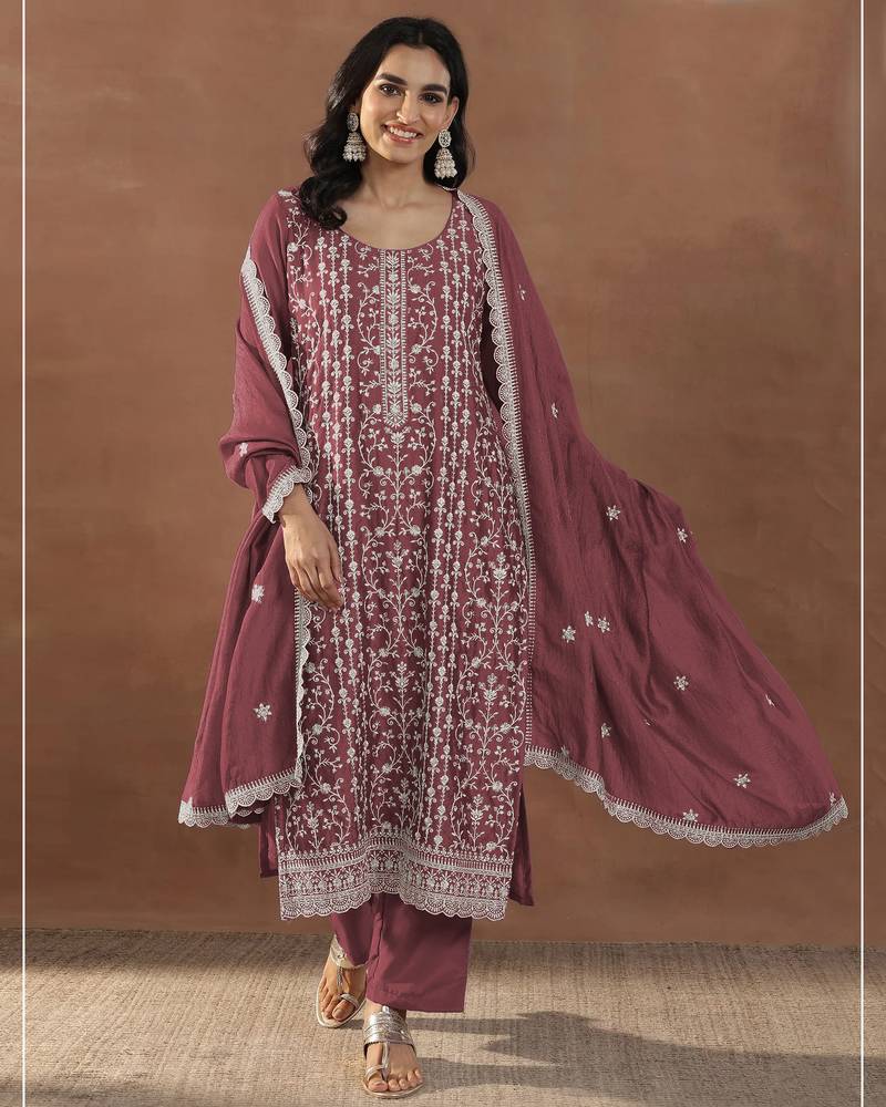Dark peach color embroideried rangoli crush silk semi stitched salwar suit