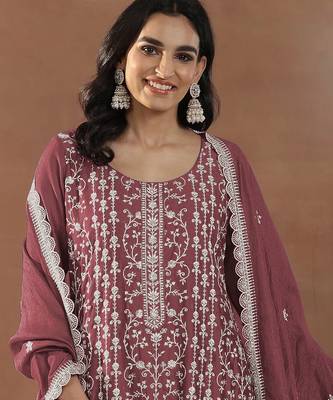 Dark peach embroidered rangoli crush silk salwar suit 2