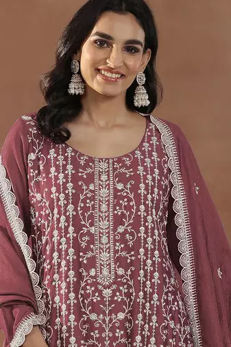 Dark peach embroidered rangoli crush silk salwar suit