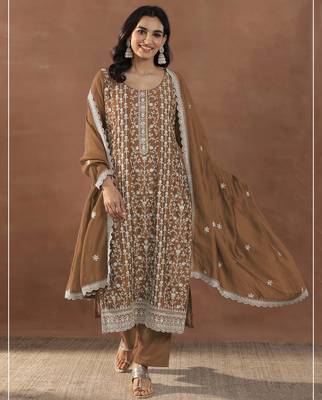 Dark gold embroidered rangoli crush silk salwar suit 1