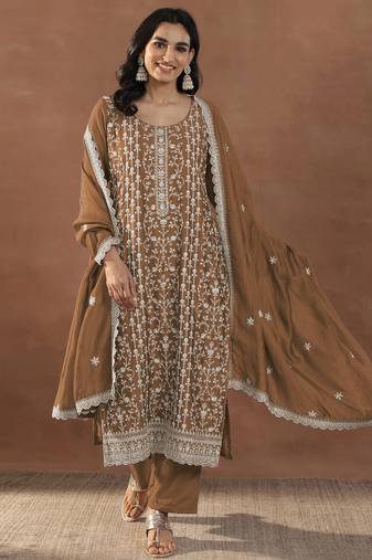 Dark gold embroidered rangoli crush silk salwar suit