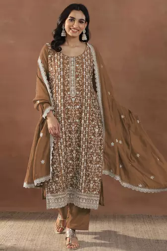Dark gold color embroideried rangoli crush silk semi stitched salwar suit