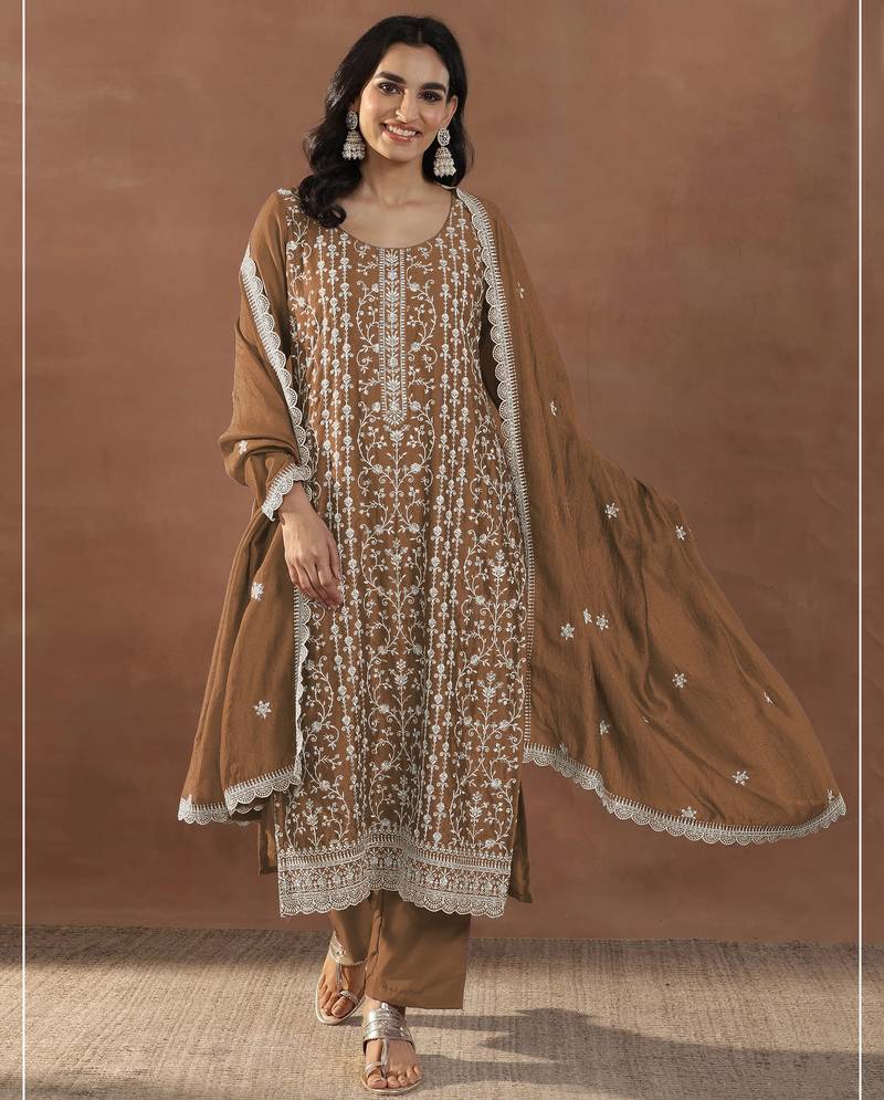 Dark gold color embroideried rangoli crush silk semi stitched salwar suit
