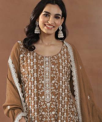 Dark gold embroidered rangoli crush silk salwar suit 2