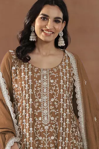 Dark gold embroidered rangoli crush silk salwar suit