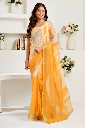 white yellow lilen print work designer party wear festive 1 minute ready to wear saree with unstitched blouse piece