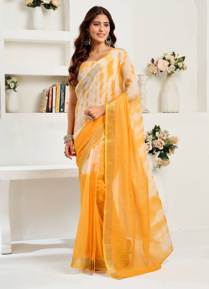 white yellow lilen print work designer party wear festive 1 minute ready to wear saree with unstitched blouse piece