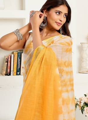 white yellow lilen print 1 minute ready to wear saree with unstitched blouse piece 2