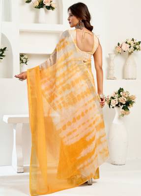 white yellow lilen print 1 minute ready to wear saree with unstitched blouse piece 3