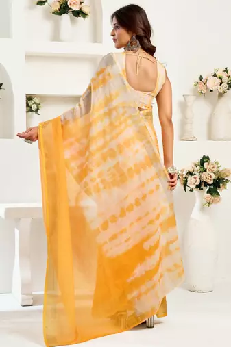 white yellow lilen print 1 minute ready to wear saree with unstitched blouse piece