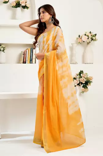 white yellow lilen print 1 minute ready to wear saree with unstitched blouse piece