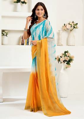 white sky lilen print 1 minute ready to wear saree with unstitched blouse piece 2