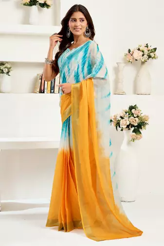 white sky lilen print 1 minute ready to wear saree with unstitched blouse piece