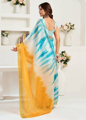 white sky lilen print 1 minute ready to wear saree with unstitched blouse piece 3
