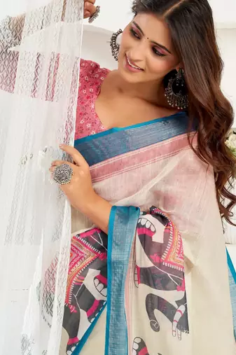 White lilen print 1 minute ready to wear saree with unstitched blouse piece